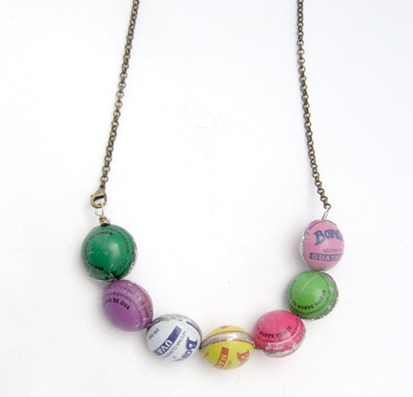 Bottlecap Necklace, Candy Colored, Handmade Beads, LIMITED EDITION, Luxury recycling, eco design jewelry