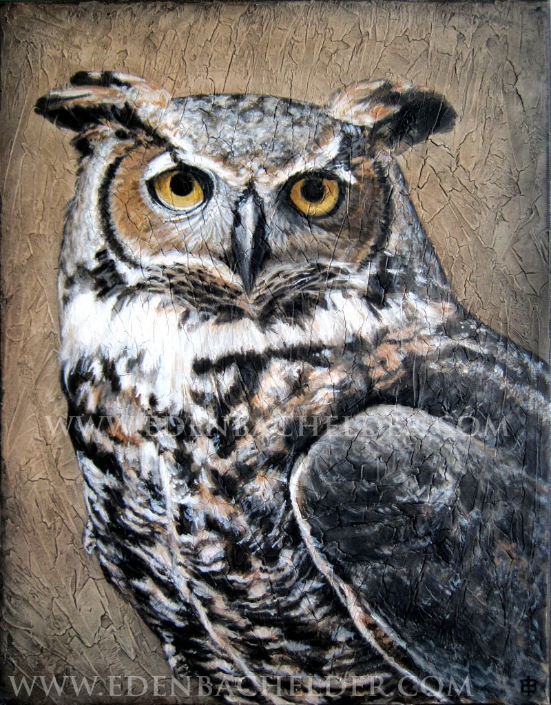 Great Horned Owl signed and matted print from an original painting by Eden Bachelder
