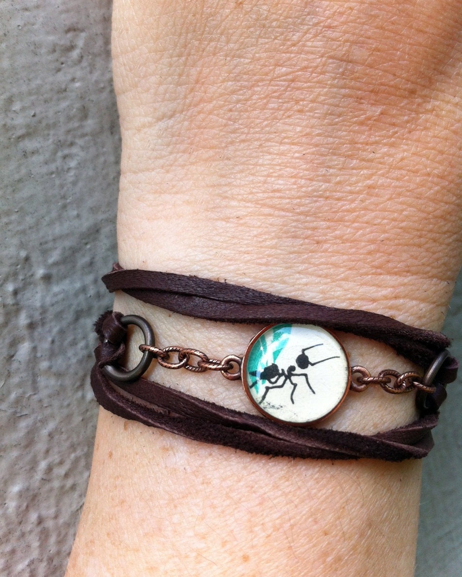 invited to the picnic: repurposed vintage ant illustration deerskin suede wrap bracelet/choker
