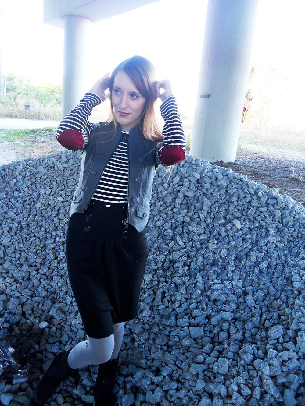 Black and White Striped Boat Neck Long Sleeve with Dark Red Elbow Patches