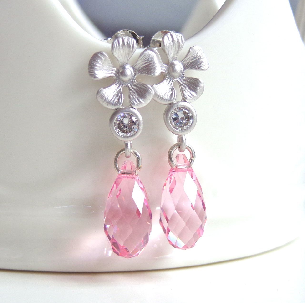 Pink Crystal Earrings - Tropical Flower and CZ Post Earrings - Pink Swarovski