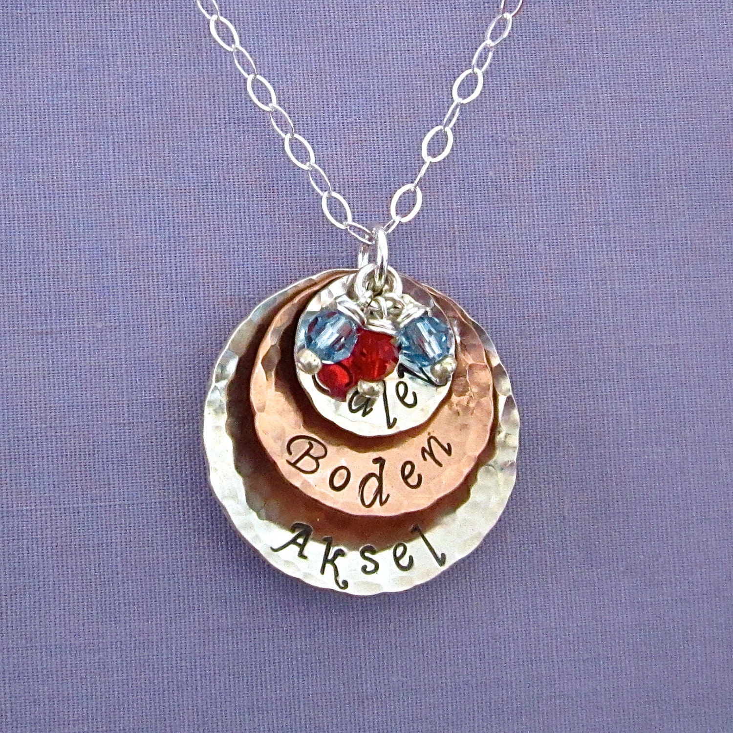 Family Hand Stamped Necklace - mixed copper and silver cupped stack