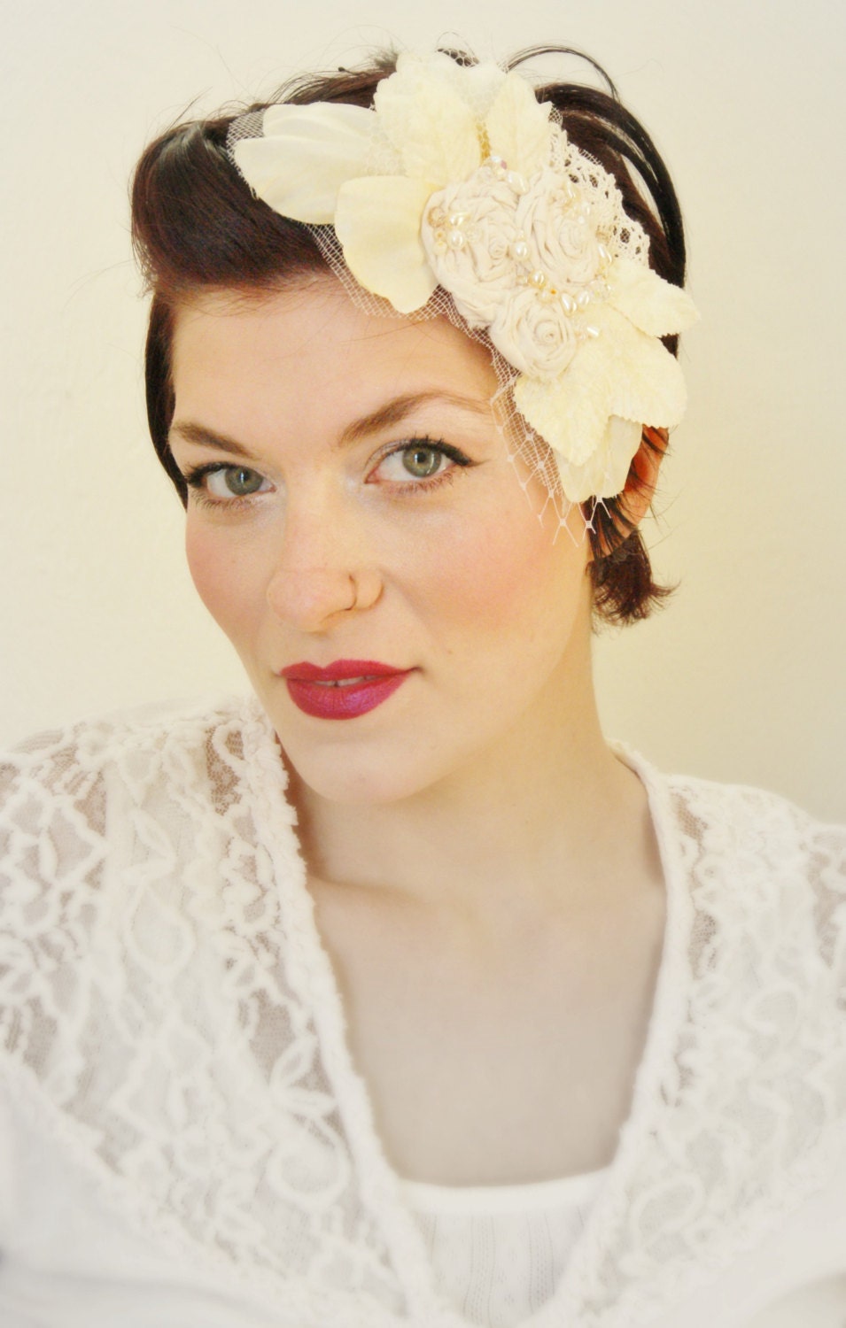 Bridal Hair piece - One of a Kind - Vintage - Wedding Hair Accessory - Ivory - Rosette Bliss Fascinator head piece