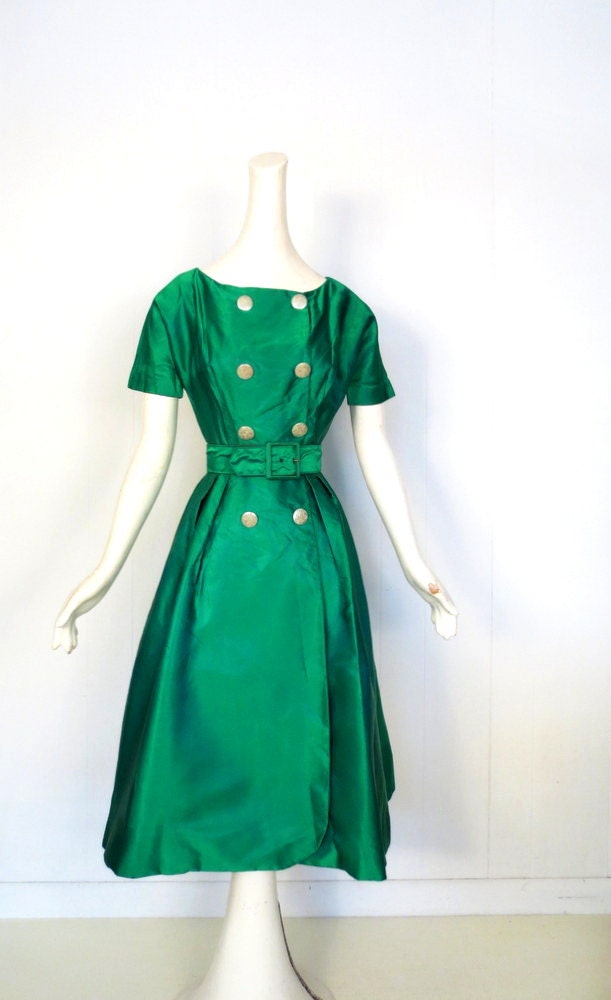 1950s Satin Dress / Emerald Green Satin Dress / 50s Dress / XXS XS