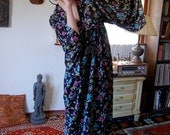 Kimono Dress Vintage 60s Black Asian Floral Kimono Boho Maxi Dress  (s)