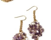 Dangle Earrings Knit in Gold with Amethyst chips, knit earrings