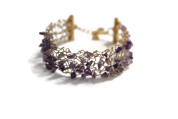 Gold & Amethyst Wire Knit Jewelry Bracelet