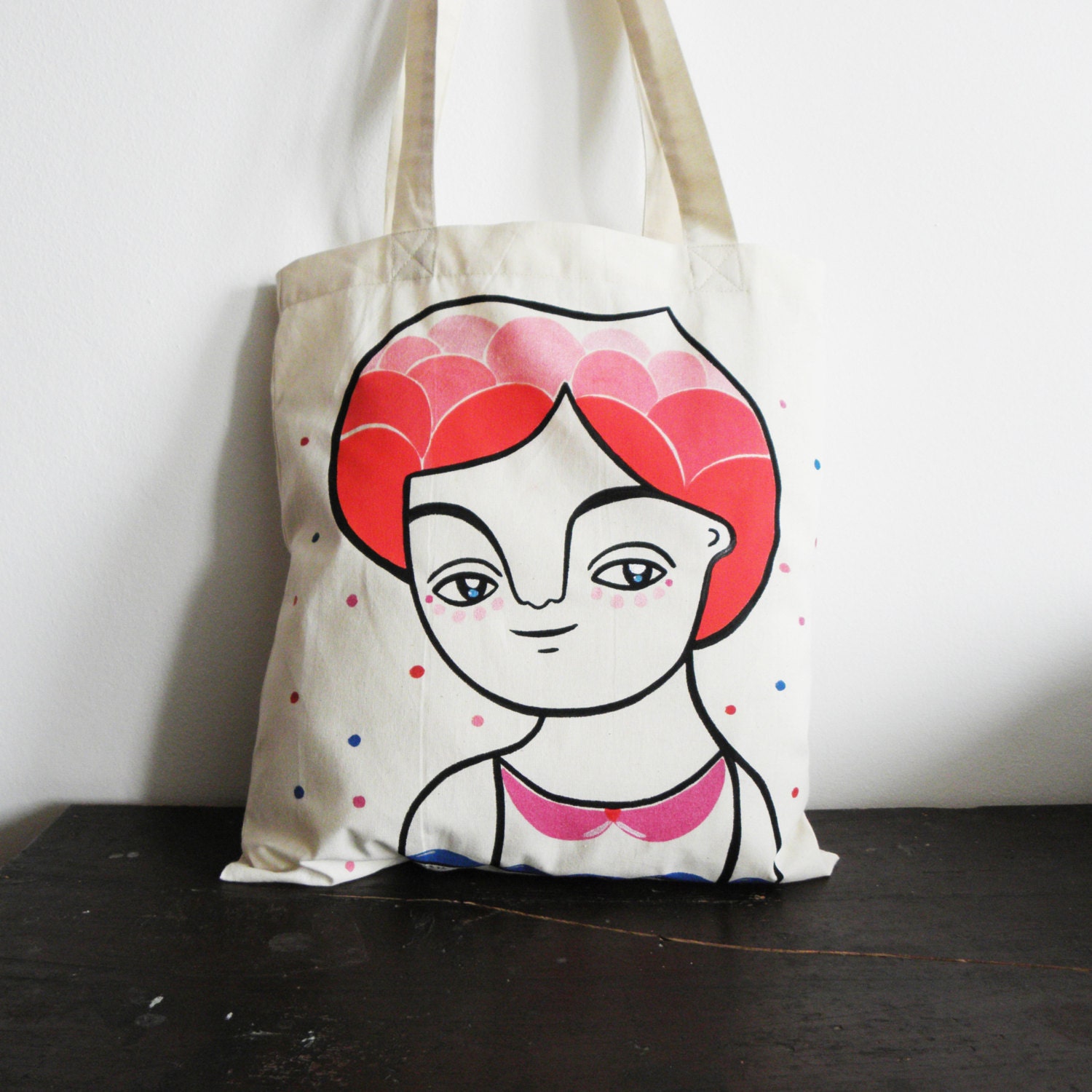 Coral red bag hand-painted organic cotton girl pink shopping bag - Gioia