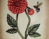 Red Dahlia. Botanical Illustration, oil on canvas mounted on wood 11x14 in one of a kind original painting by elizabeth caffey