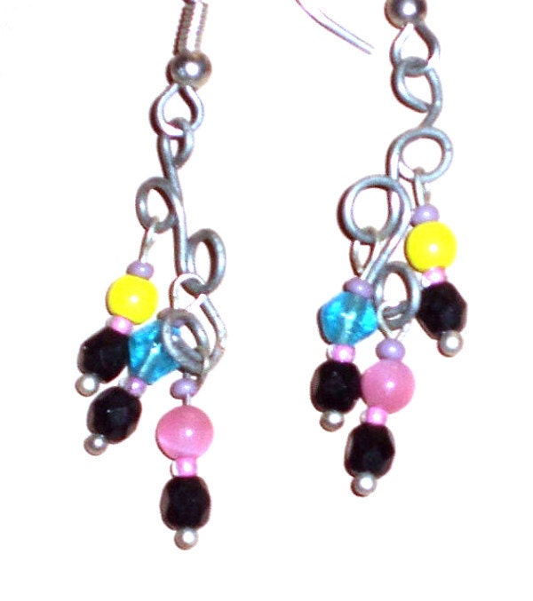Colorful Beads Silver Wire Earrings, Pink, Blue, Yellow and Black Beads