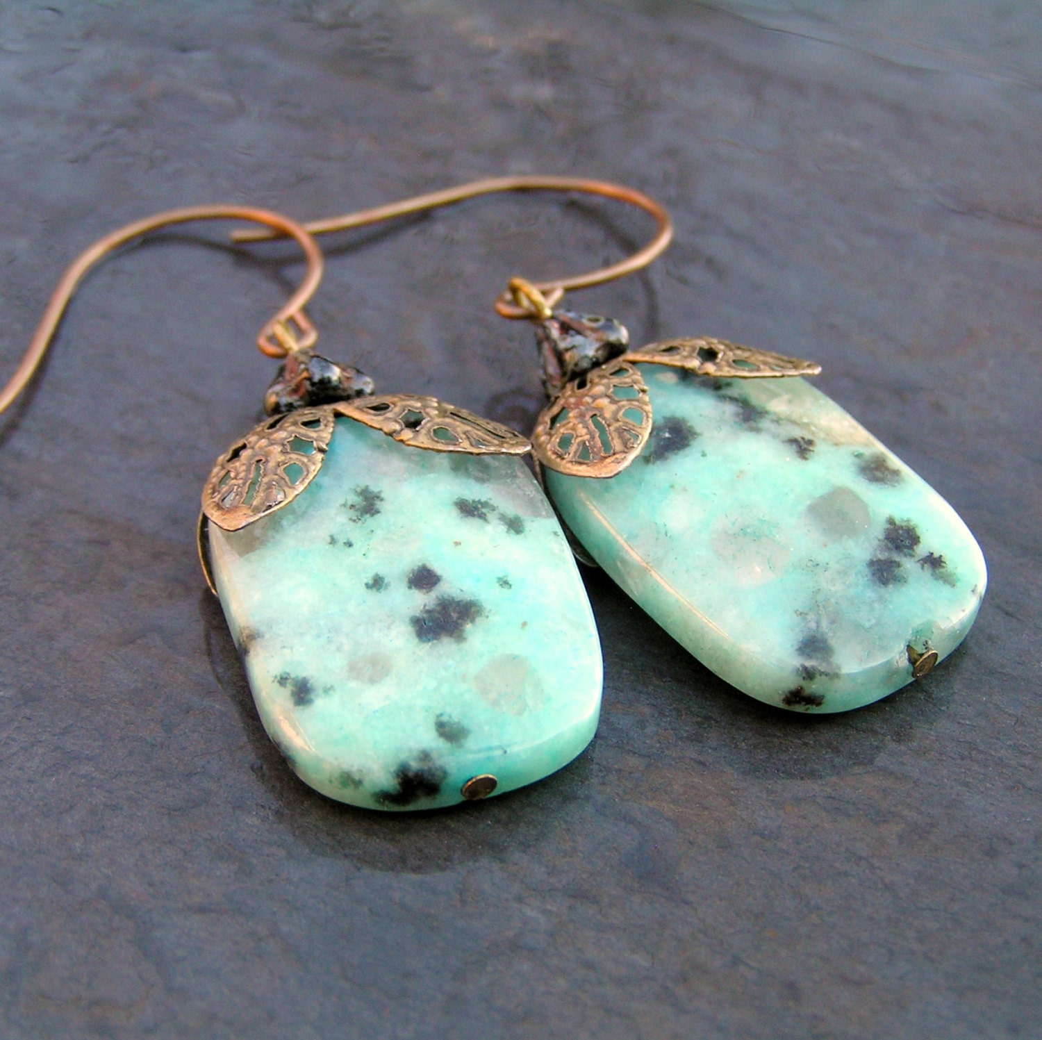 Kiwi Jasper Earrings, Green Stone Earrings, Gemstone Earrings, Square, Speckled, Spotted, Spring, Seafoam Green, Brass Earwires