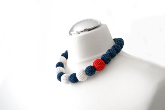 crochet sailor big bead long funky necklace - handmade nautical style necklace in navy blue, white and red, beach style, gift for her