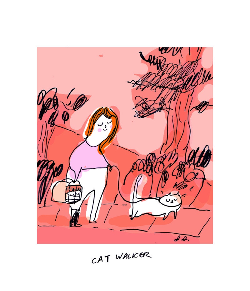 Cat Walker- Ink Drawing- Pink- Cat Lady- Pet Lover- Carry me