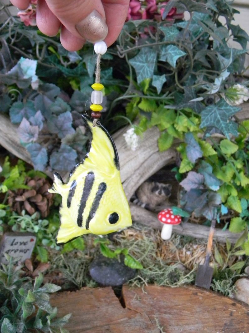 Angel Fish  ceramic Garden  Ornament -   glass orb trimmings Hang it in your garden