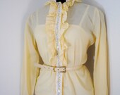 vintage 70s pastel YELLOW ribbon TUXEDO ruffles frilly SPRING blouse small