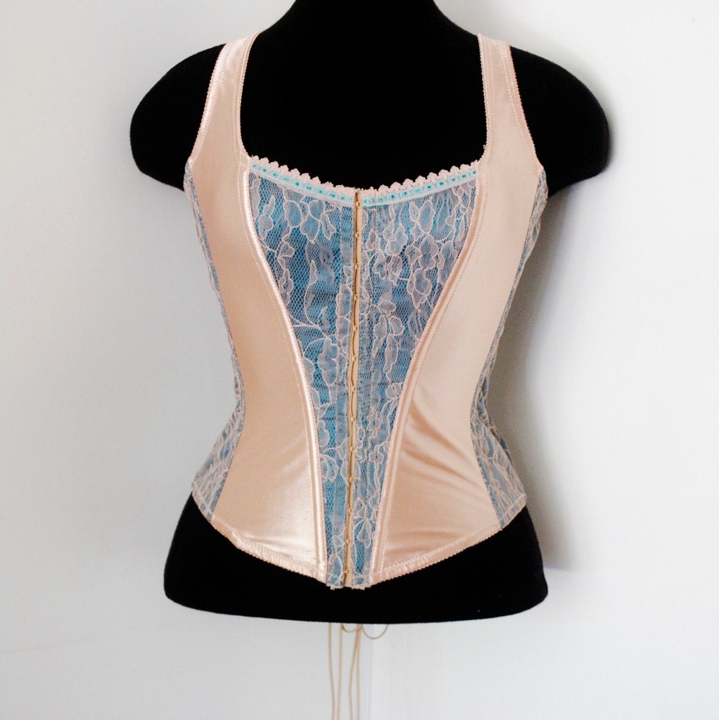 vintage 1990s nineties Victorian Corset Bustier Pink Aqua Satin Lace Top small medium