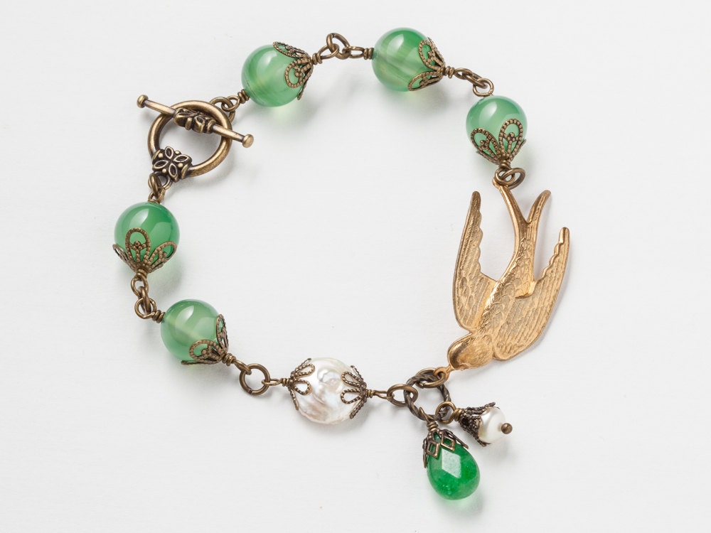 Handmade Jewelry Neo Victorian Filigree beaded Bracelet antique gold swallow bird charm emerald green agate white pearls jade Gift R1081
