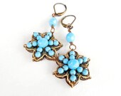 Aqua Blue Pearl Drop Earrings, Floral Filigree, Glass Pearl, Antiqued Brass, Flower Earrings, Beach Jewelry, Glass Pearls, Summer Fashion
