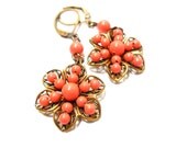 Coral Pearl Drop Earrings, Floral Filigree, Glass Pearl, Antiqued Brass, Flower Earrings, Beach Jewelry, Glass Pearls, Summer Fashion
