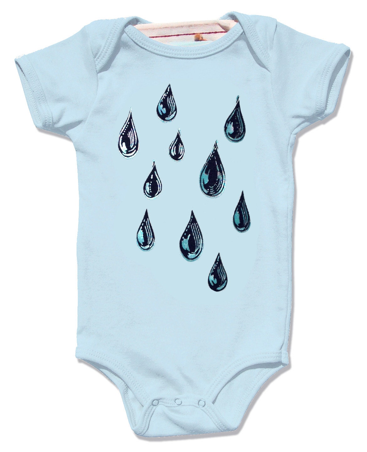 Infant Light Blue Raindrops bodysuit, unisex short sleeve, spring summer rain drops design, baby toddler children onesie
