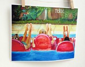 Swimming pool- friends, sisters, emerald, pink, colorful 8x10 print from original painting by Cathie Carlson