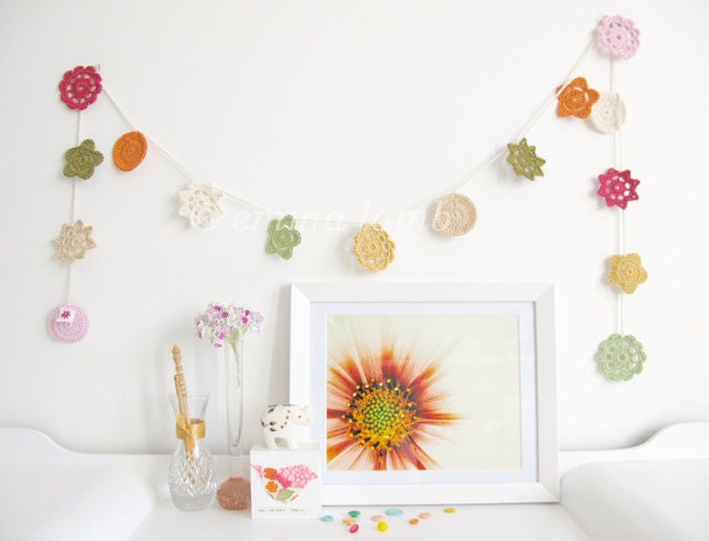 Hilda, spring crochet flower garland, Shabby Chic wall hanging in muted vintage colours - pink, green & orange - MADE TO ORDER, by Emma Lamb