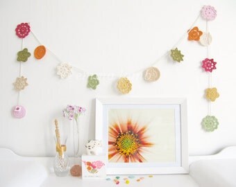 Hilda, spring crochet flower garland, Shabby Chic wall hanging in muted vintage colours - pink, green & orange - MADE TO ORDER, by Emma Lamb