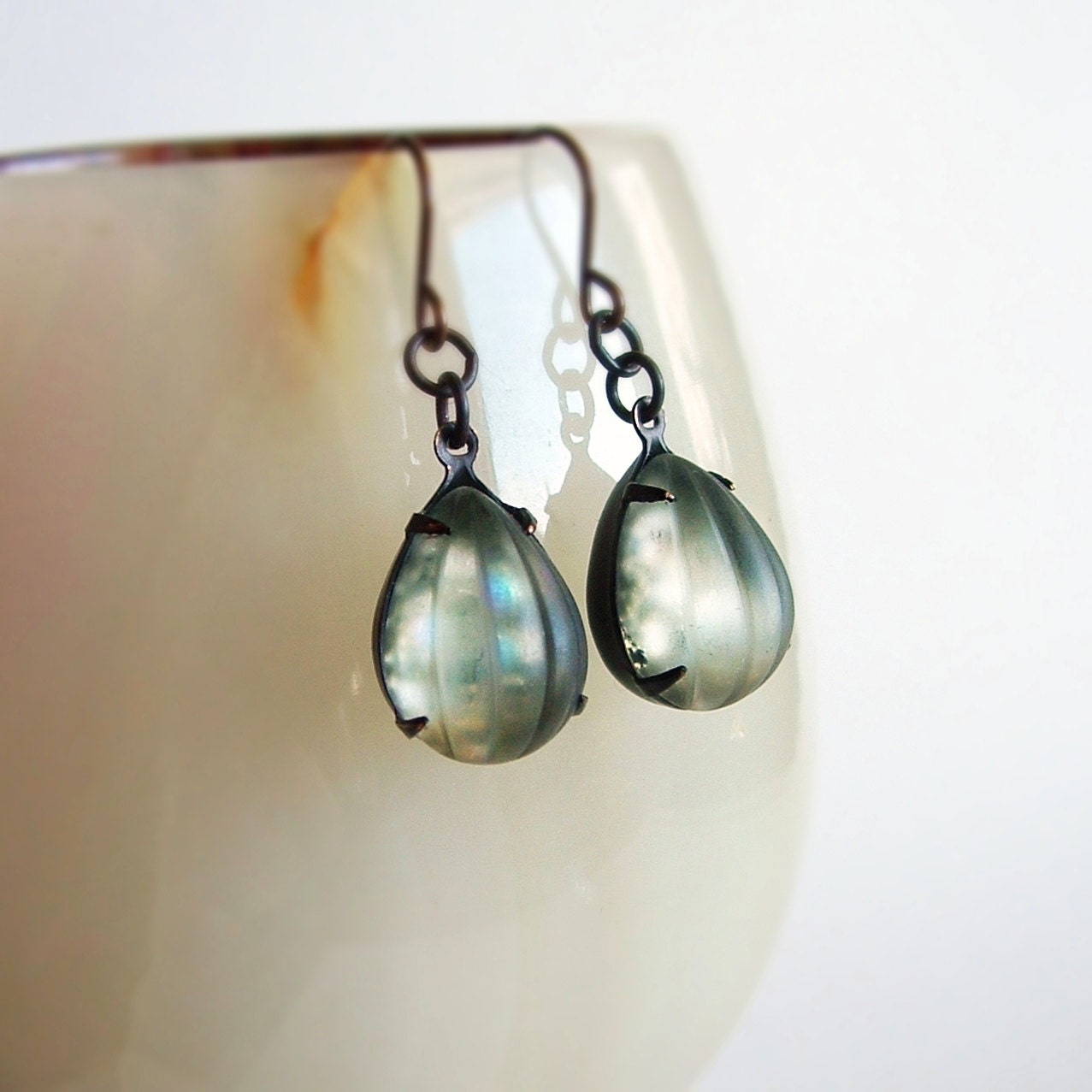 Frosted Glitter Glass Earrings Vintage Domed Cabochons Cosmic Galaxy Glitter