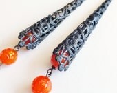 Filigree Cone Earrings Antiqued Brass Orange Beads Victorian Jewelry Black Tangerine Extra Long
