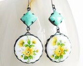 Floral Cameo Earrings Vintage Flower Cabochon Yellow Mint Buttercup Limoge Victorian Jewelry