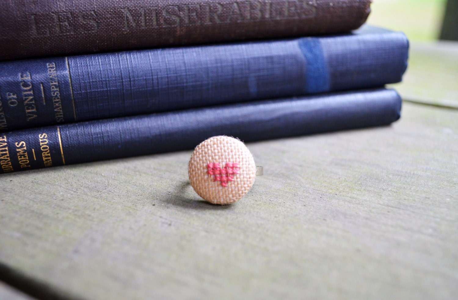 Cross Stitch Heart Ring - Pink - Hand Dyed Floss - Rustic - Natural - For Her - Under 20 - Under 25