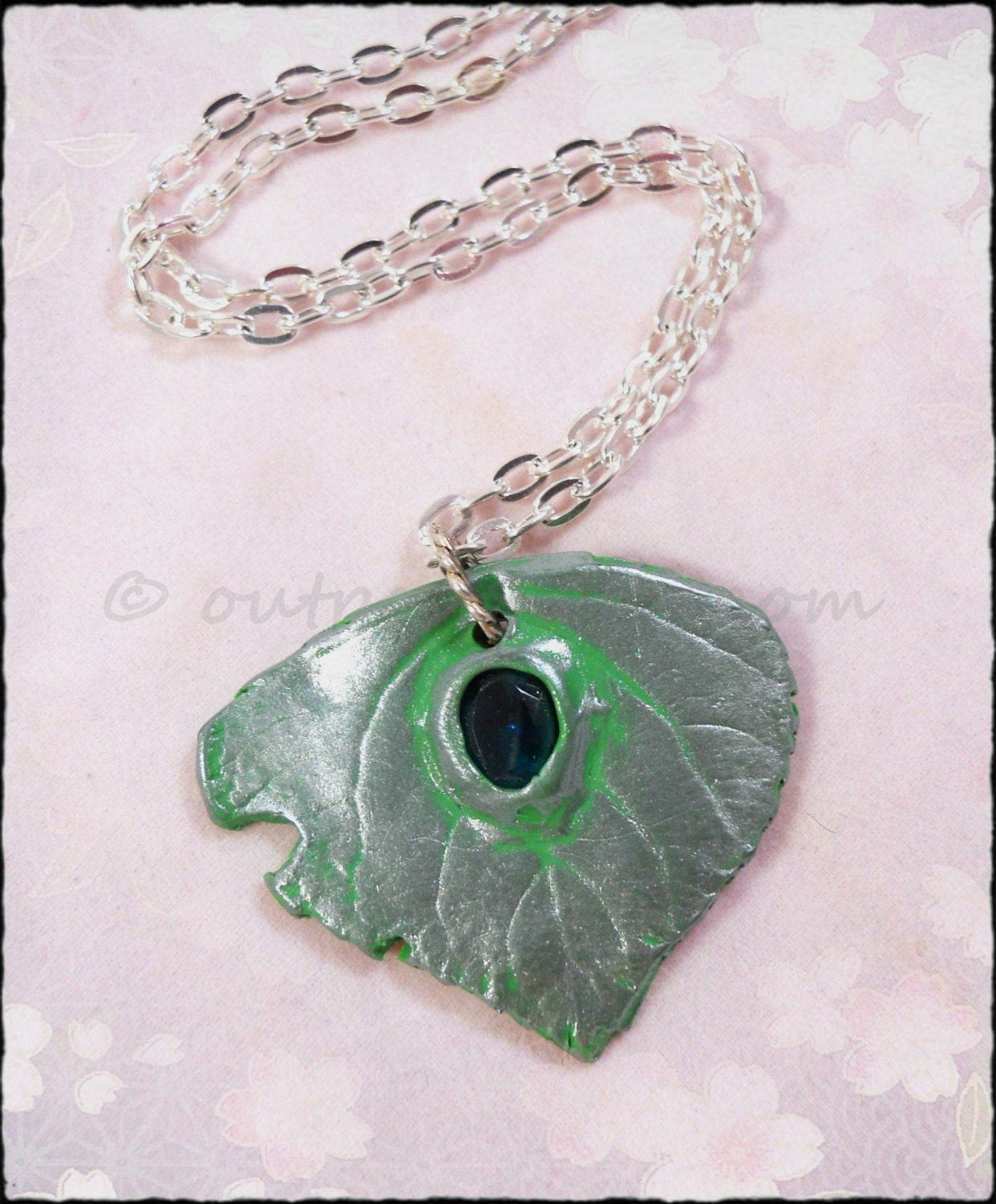 Silver leaf necklace. Polymer clay fantasy jewelry. For forest folk. Free US shipping.