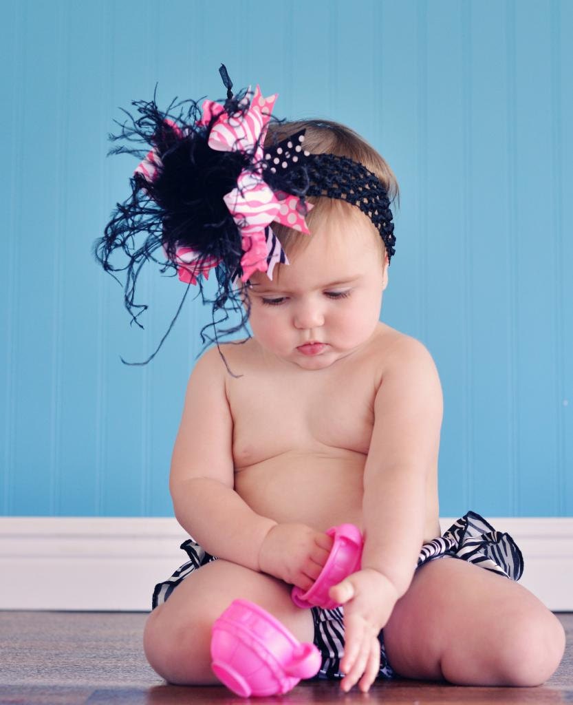 Black and Hot Pink Zebra Over The Top Funky Birthday Boutique Hair Bow on matching Headband