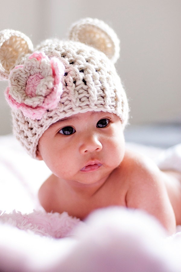 Baby Girl Crochet Hat, Crochet Baby Hat, Beanie Hat with ears and Flower, 0-3, 3-6 or 6-12 months-MADE TO ORDER
