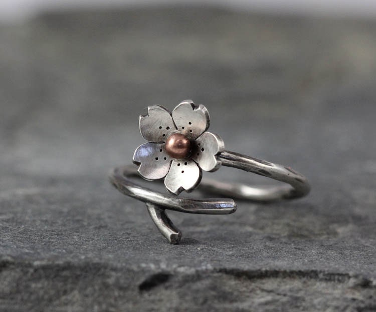 Cherry Blossom Branch Adjustable Ring in Silver, Spring Jewelry, MADE to ORDER, Plum blossom, Twig ring, Bridal accessories, wedding jewelry