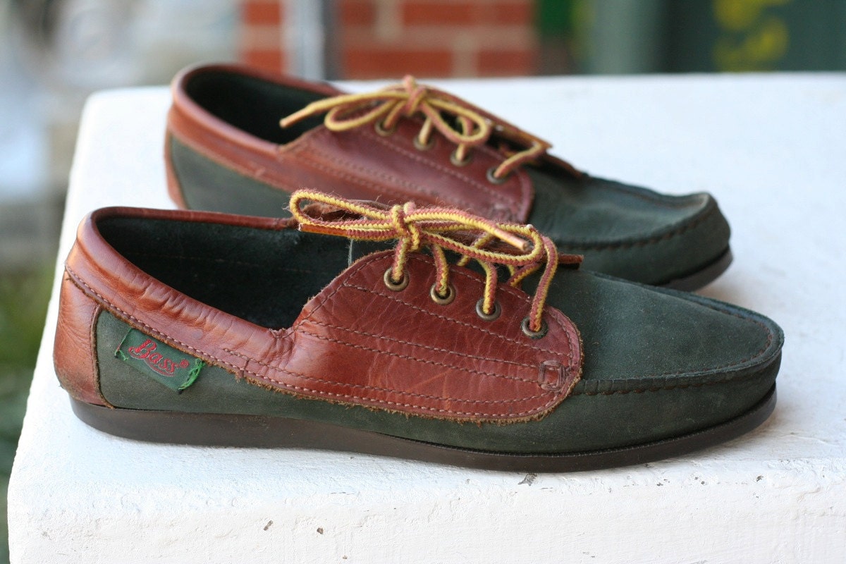 Brown Green Leather Boat Shoes Loafers Flats 80s 8 Vintage Prep Oxfords Bass