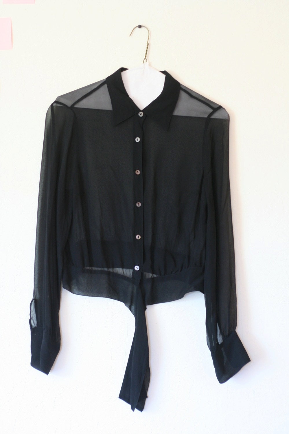 Sheer Black Silk Blouse Collar Crop S Vintage 80s
