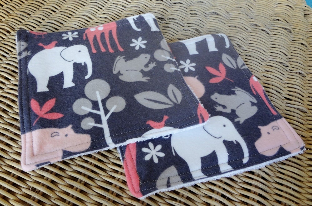 2 Baby Washcloths: Zoology Print
