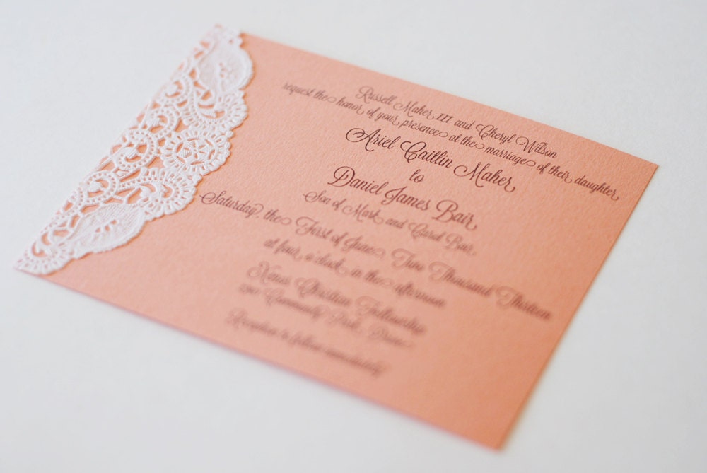 Custom Coral and Lace Doily Invitations - Shabby Chic - Handmade - Wedding - Baby or Bridal Shower  - Engagement Party