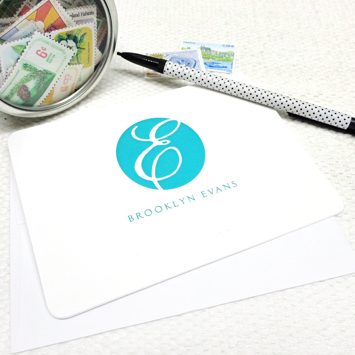 personalized note cards stationery set - ROUND SCRIPT MONOGRAM - set of 8 - choose color - personalized stationary folded