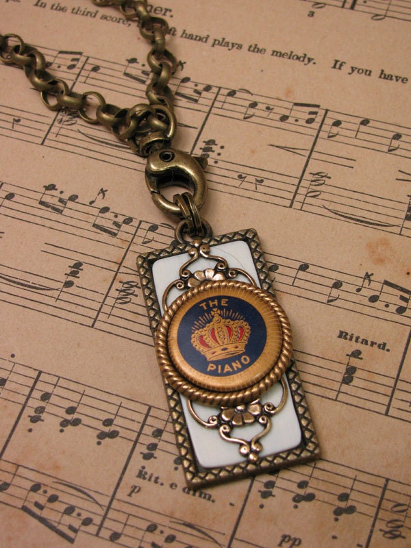 Piano Key Jewelry - Genuine Piano Keytop and Vintage Piano Pinback Button Long Length Piano Themed Brass Necklace
