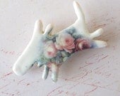 Porcelain Dog Brooch. Pink Cabbage Rose Bouquet. Rose Pink, Mauve, & Sage Green. Shabby Chic.  Whimsical Frisky Puppy