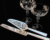 NEW Vintage Style Rose Wedding Cake Server & Crystal Champagne Glass Set, Personalized