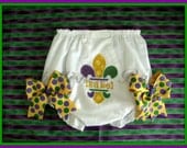 Appliqued Mardi Gras Bloomers with Bows and Fleur de Lis Personalized for Baby Girl or Toddler Diaper Cover