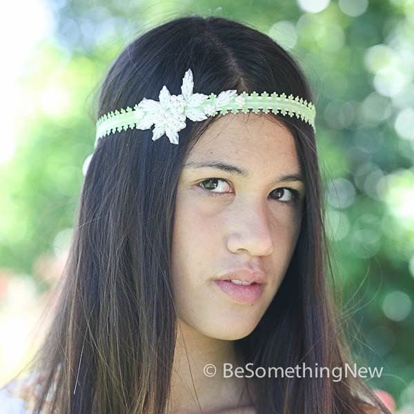 Green ribbon tie headband with pearls, gatsby wedding hair acesories