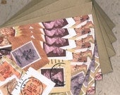 4 x FLAT CORRESPONDENCE CARD with envelopes - Postage Stamps in Retro Orange & Brown - Notecards, Blank Postcards