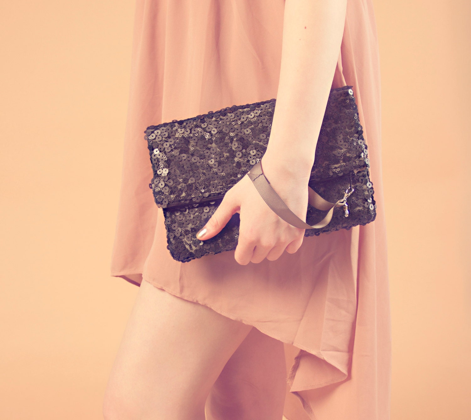 Sequin Clutch. Midnight. Wrist Strap and Zipper.