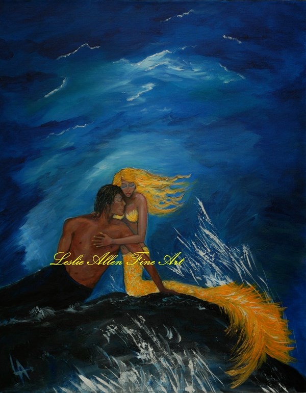 Mermaid Original Canvas Painting Mermaids Couple Love Romantic Romance Magical Ocean Seascape Fantasy "Mermaid Love" Leslie Allen Fine Art