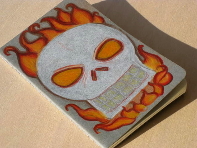 Hand Colored Moleskine Notebook Flaming Skull OOAK