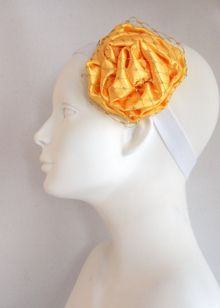Tana - Yellow Satin Fabric Flower Hair Clip with Gold French Netting